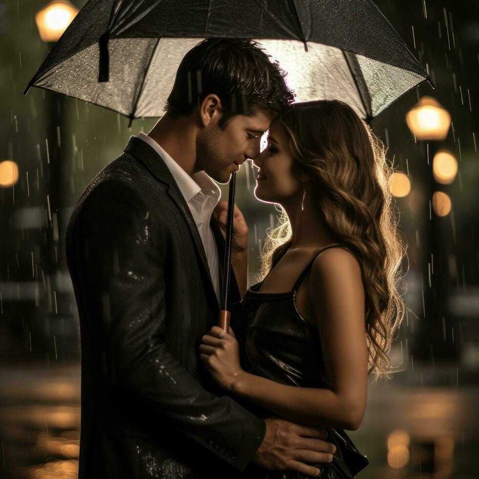 Couple sharing a moment under an umbrella in the rain photo
