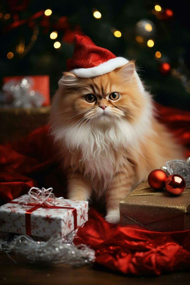 Adorable pets in festive outfits with Christmas presents photo