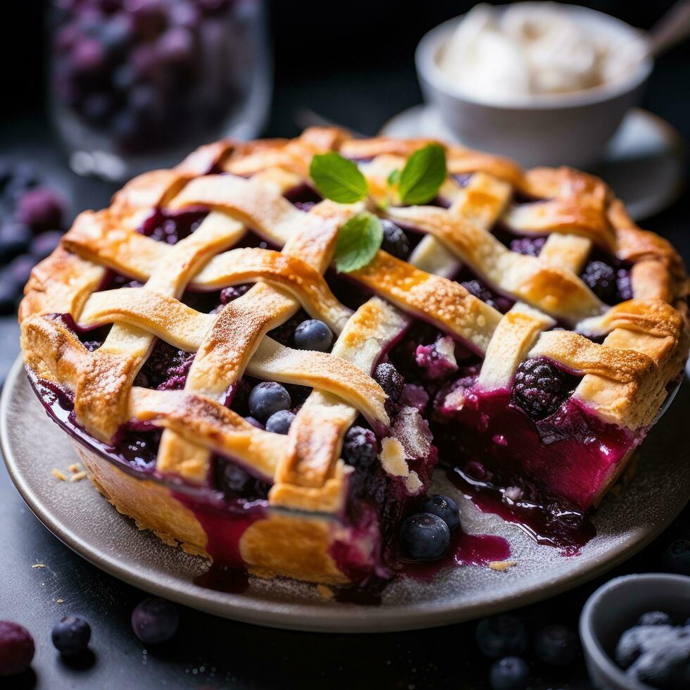 Blueberry pie with lattice crust, a summertime treat in winter photo