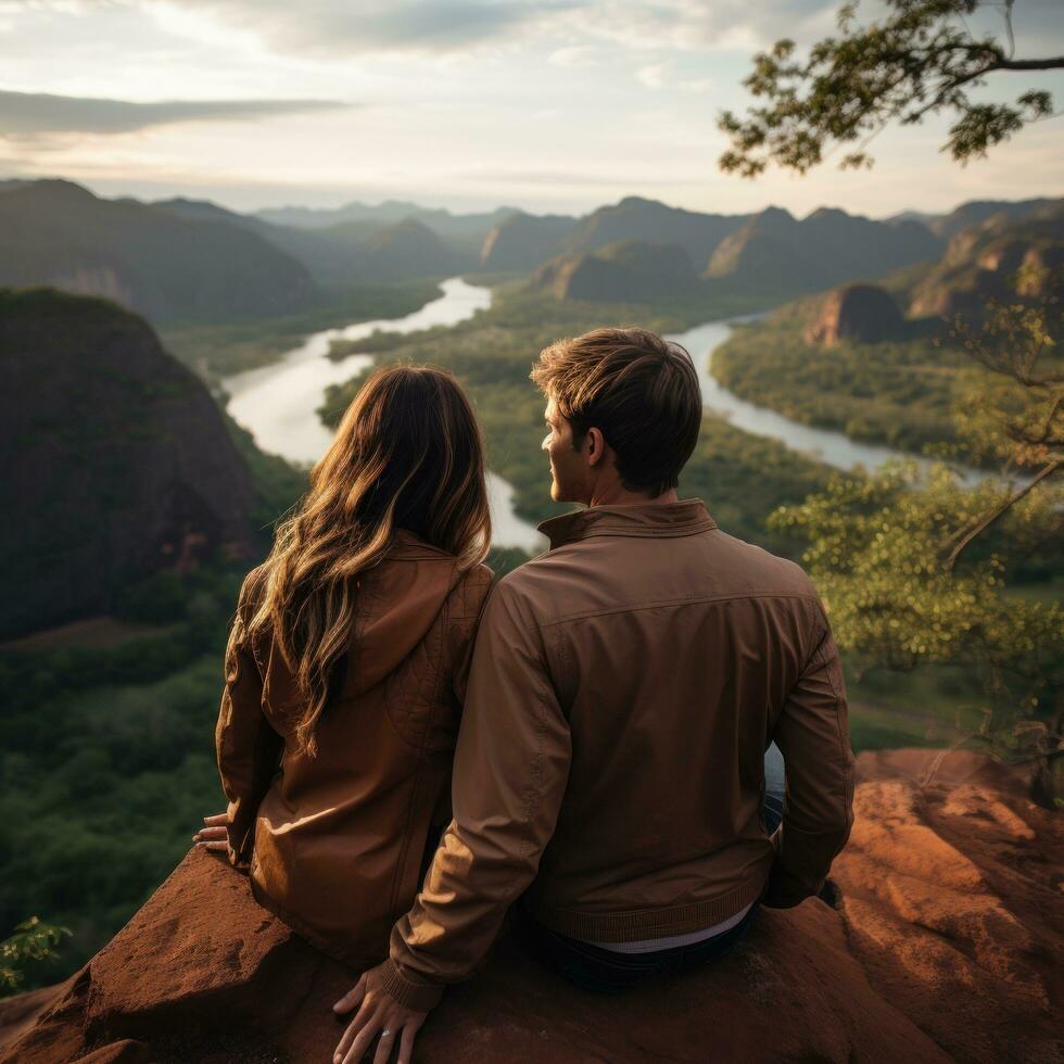 Man holds woman from behind while looking out at a scenic view photo