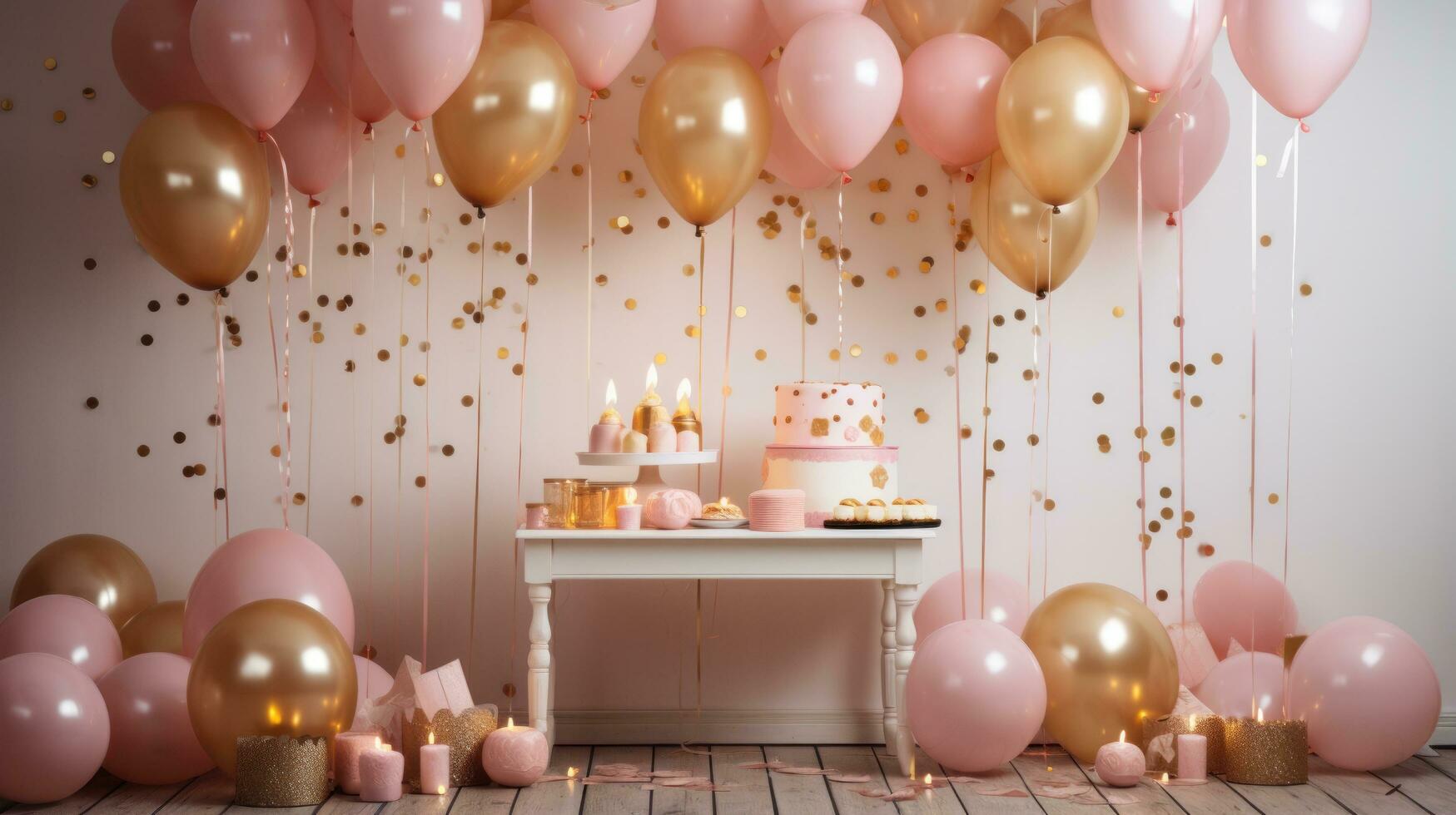 Cozy pink and gold setup with floral accents and desserts photo