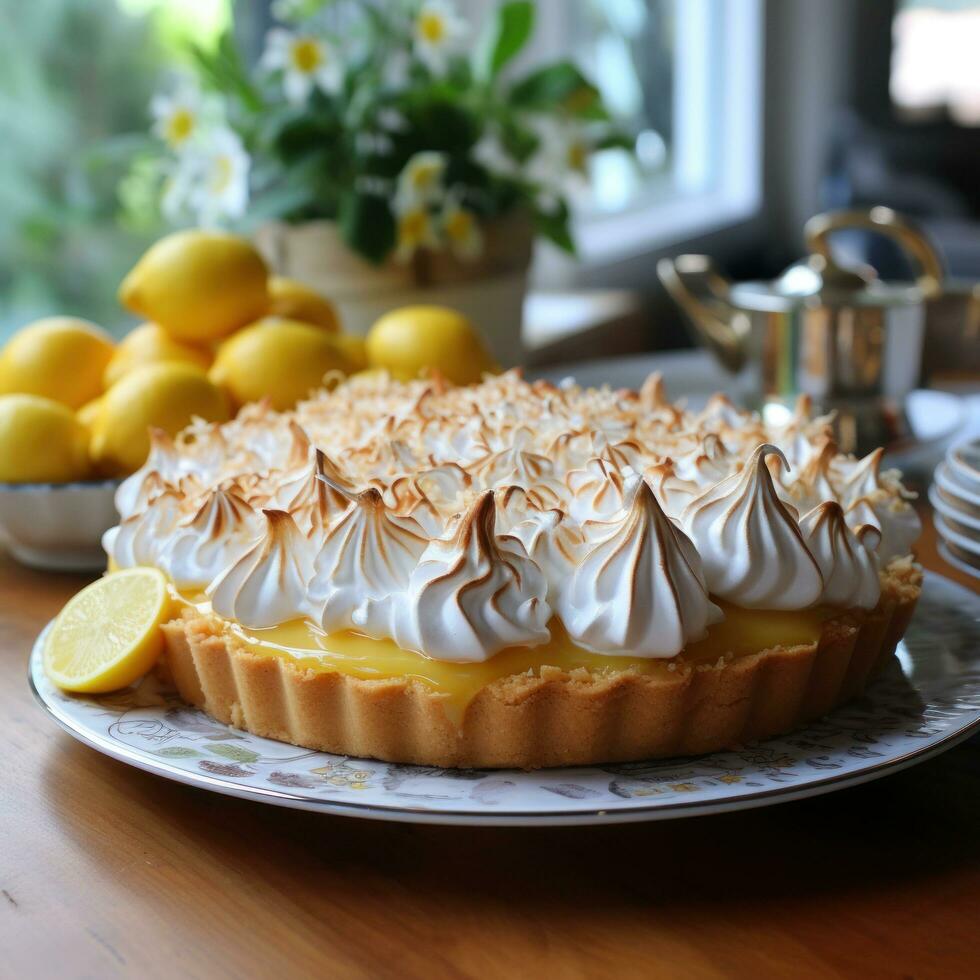 Lemon meringue pie with fluffy peaks, a light and citrusy indulgence photo