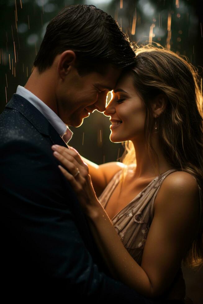 Couple sharing a moment under an umbrella in the rain photo