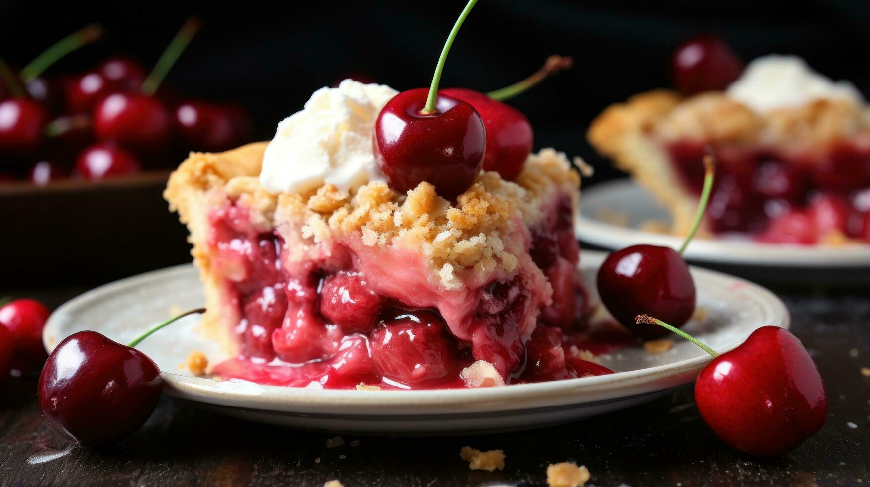 Cherry pie with crumb topping, bursting with juicy fruit flavor photo