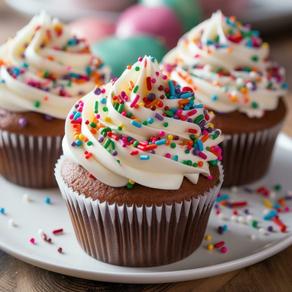 Chocolate cupcakes with buttercream icing and colorful sprinkles. photo