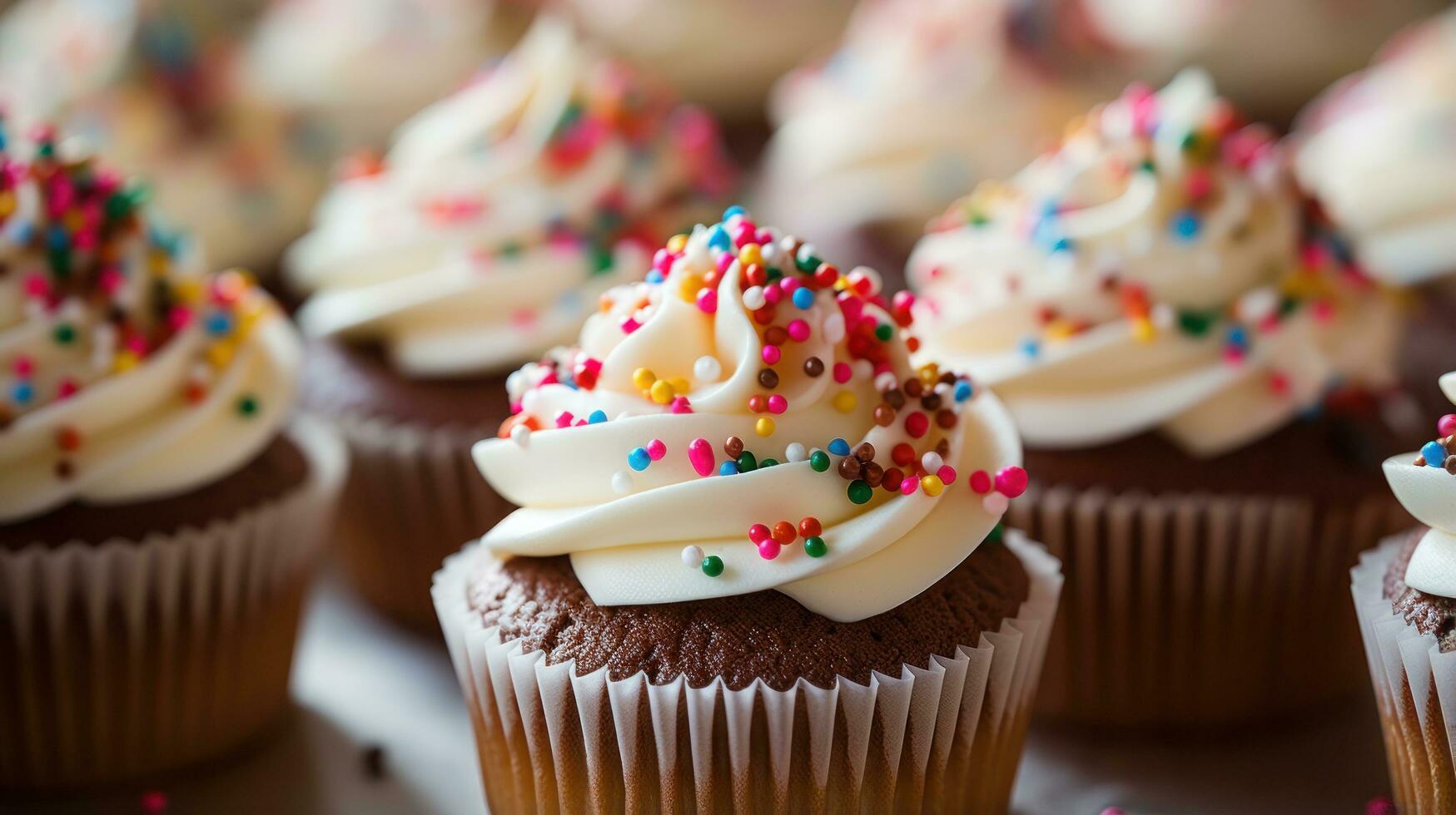 Chocolate cupcakes with buttercream icing and colorful sprinkles. photo