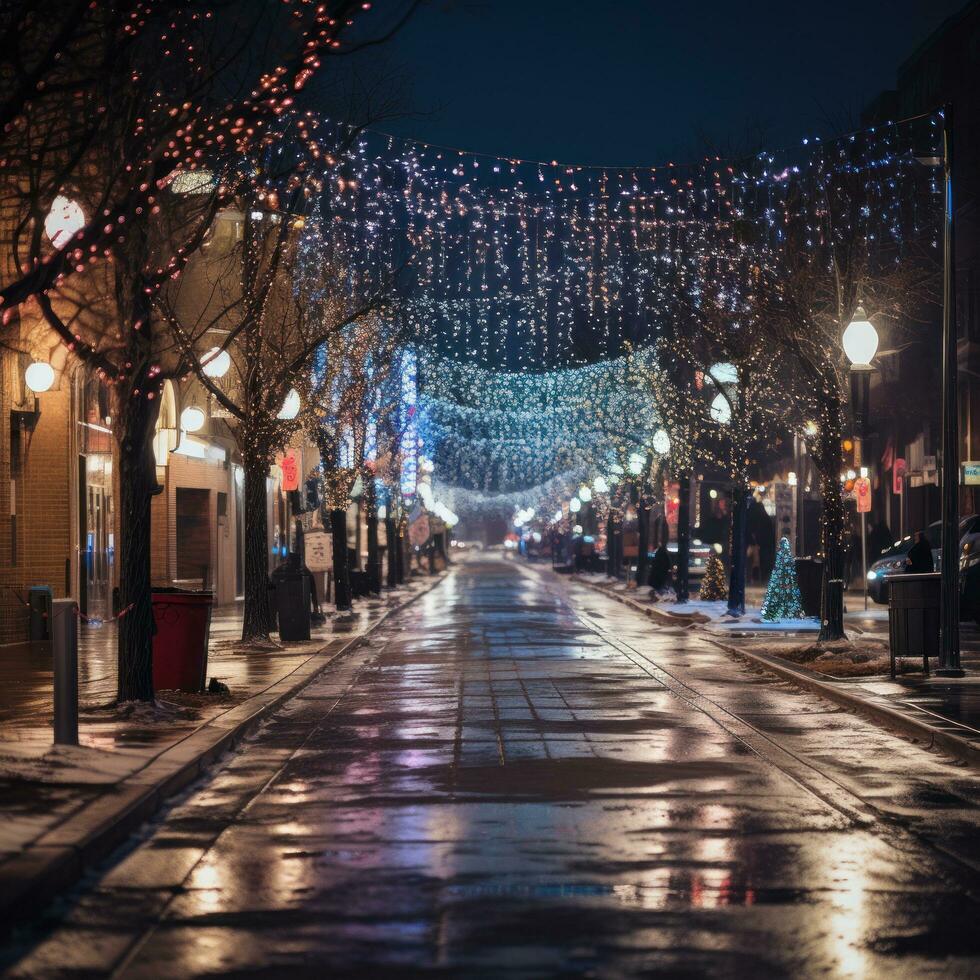 Colorful Christmas lights and decorations on a city street photo