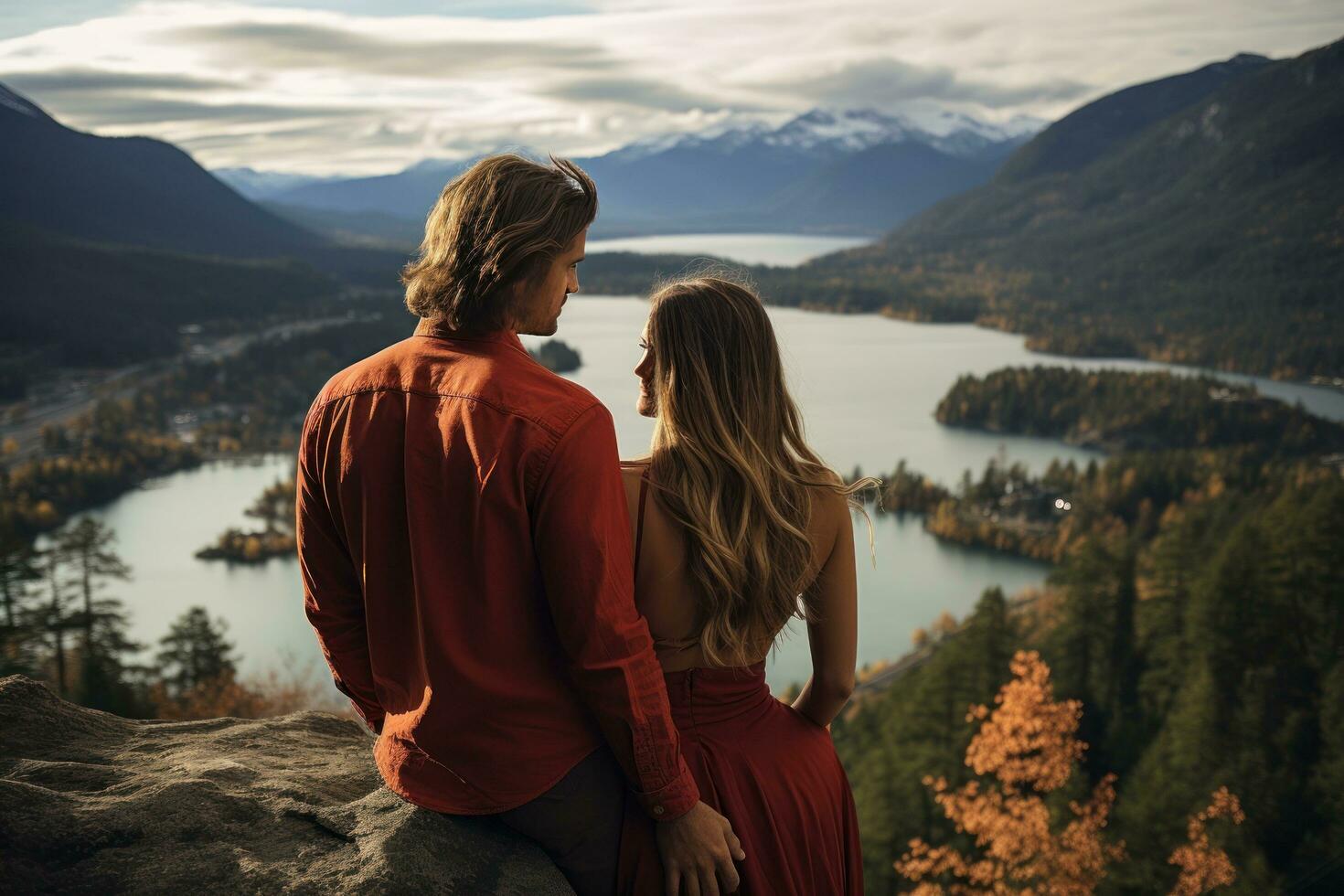 Man holds woman from behind while looking out at a scenic view photo