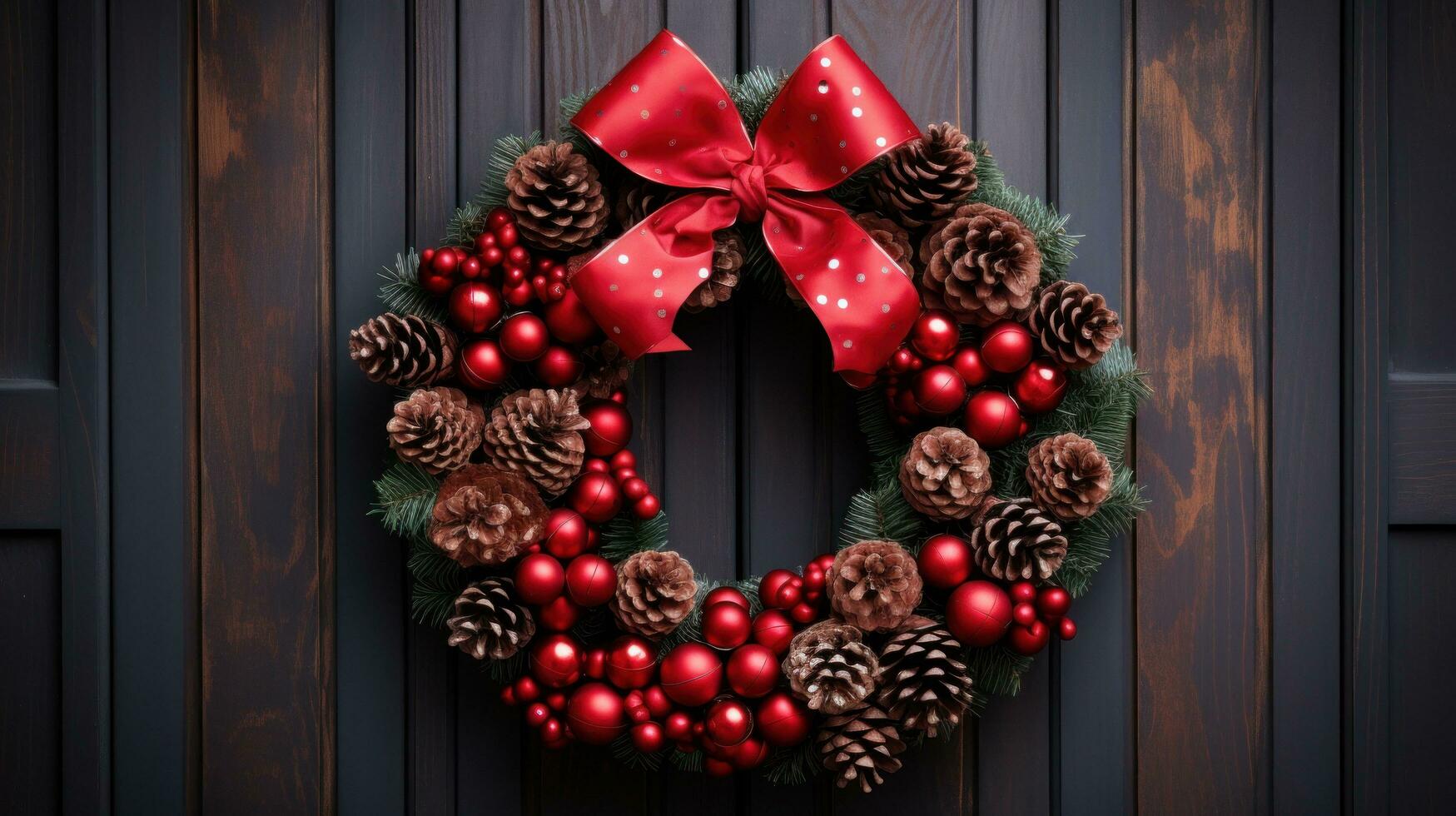 Festive wreath with red bow and pinecones on wooden door. 30312863
