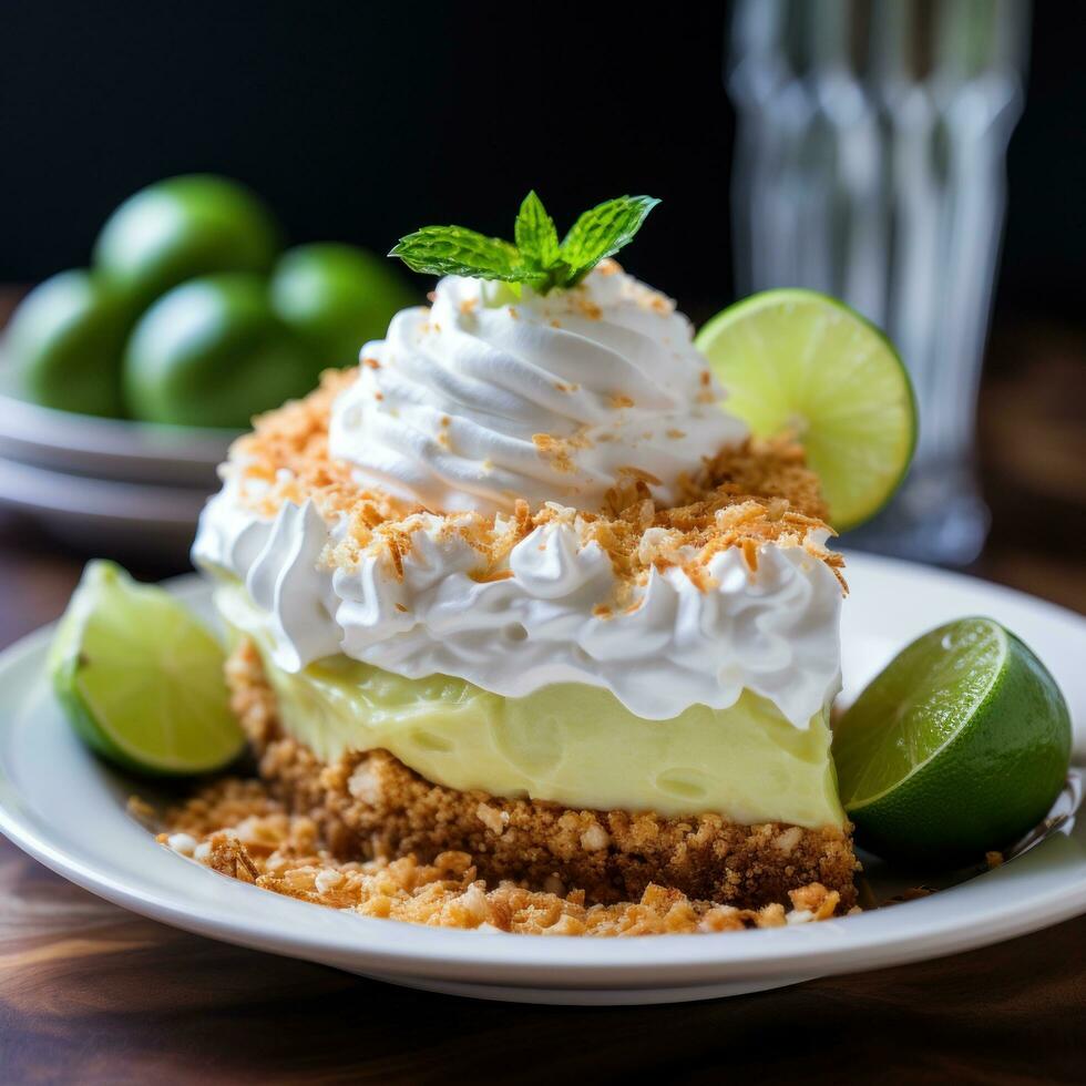 Key lime pie with graham cracker crust, a tangy and refreshing dessert photo