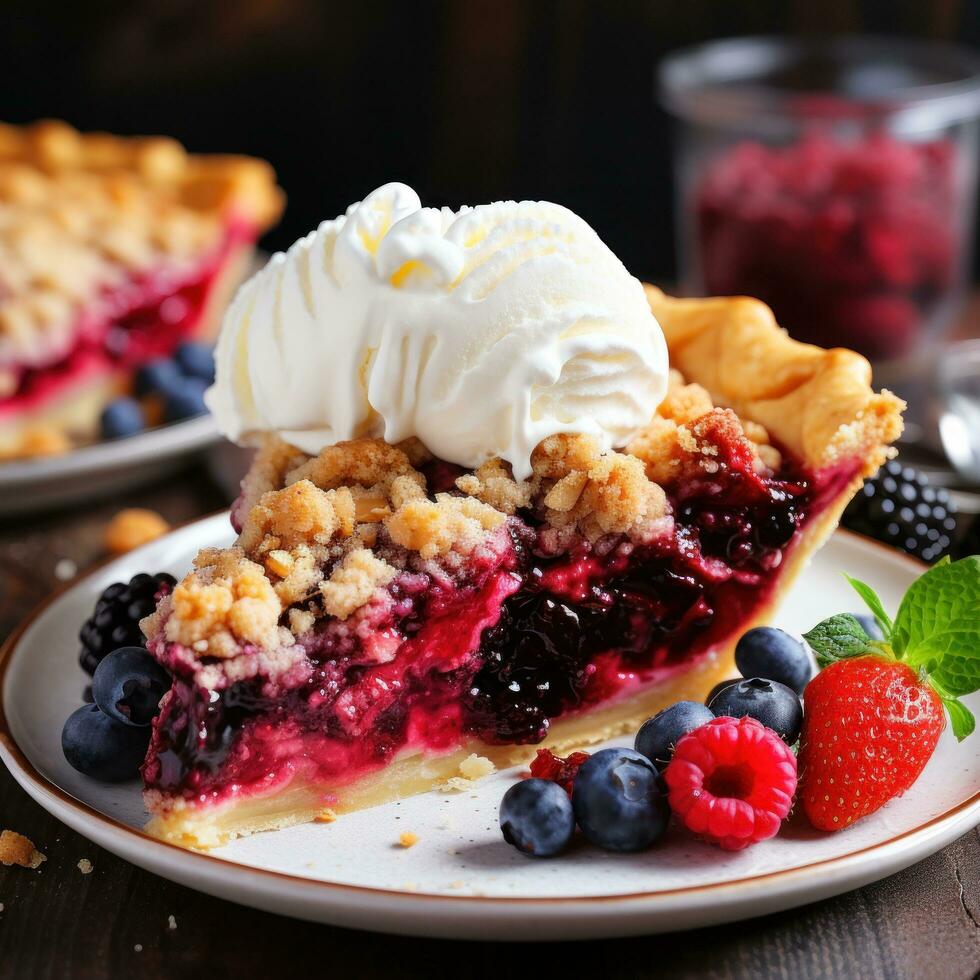 Mixed berry pie with streusel topping, a colorful and fruity dessert photo