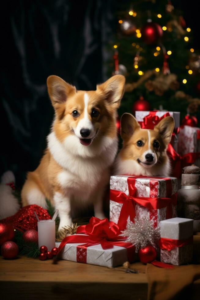 Adorable pets in festive outfits with Christmas presents photo