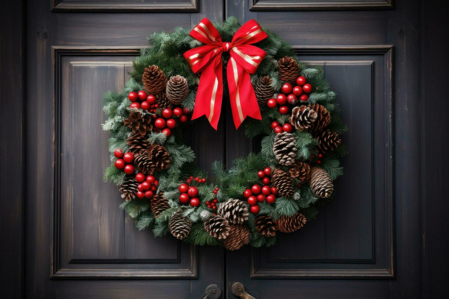 Festive wreath with red bow and pinecones on wooden door. photo