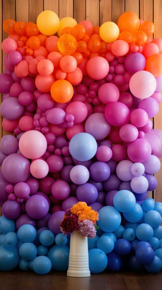 Vibrant rainbow balloon backdrop with tassels photo