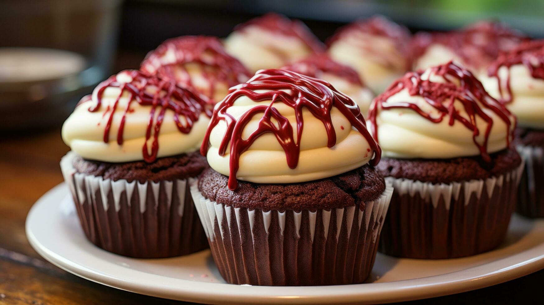 Red velvet cupcakes with cream cheese frosting and chocolate drizzle photo