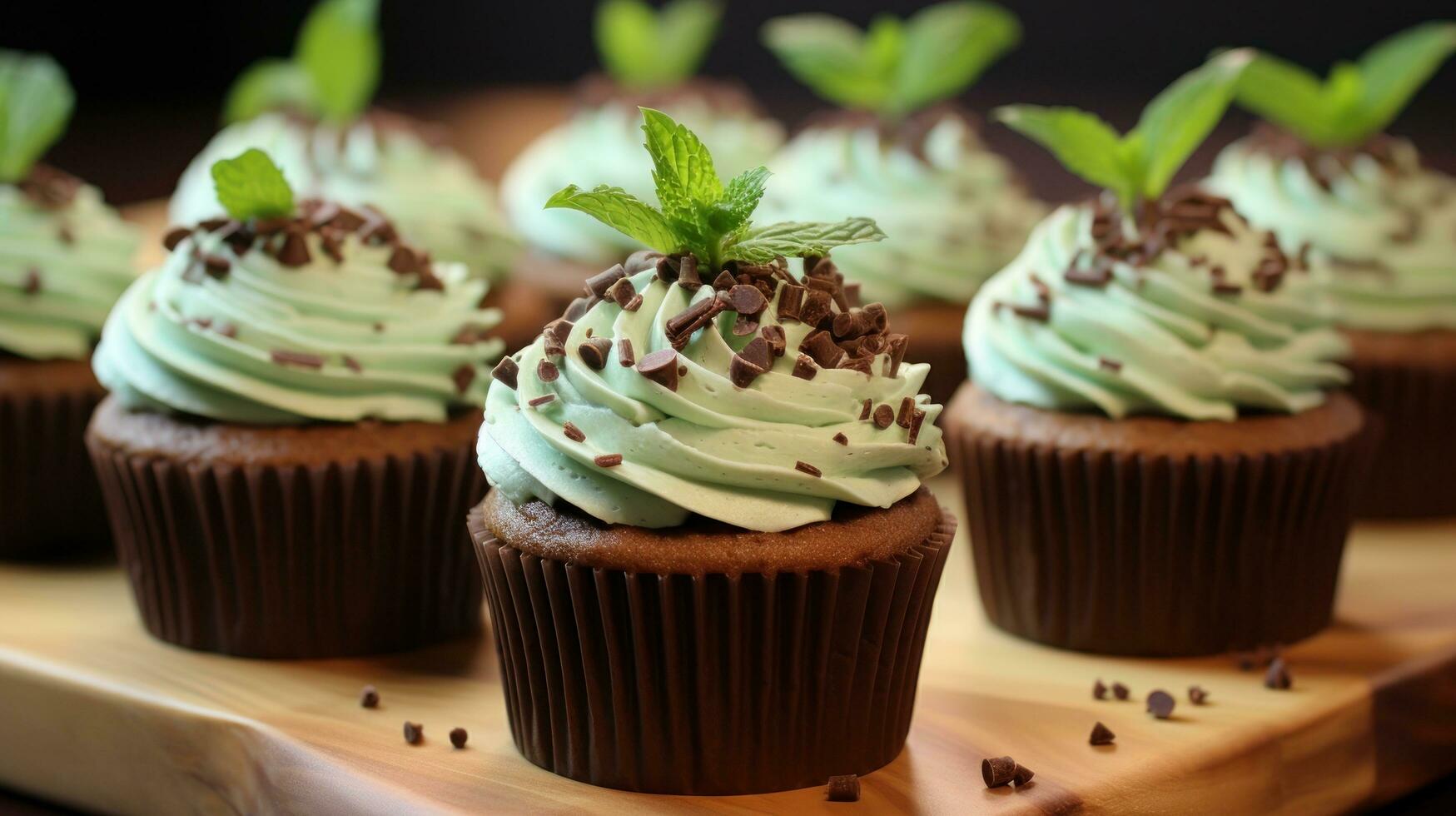 Mint chocolate chip cupcakes with mint frosting and chocolate shavings photo