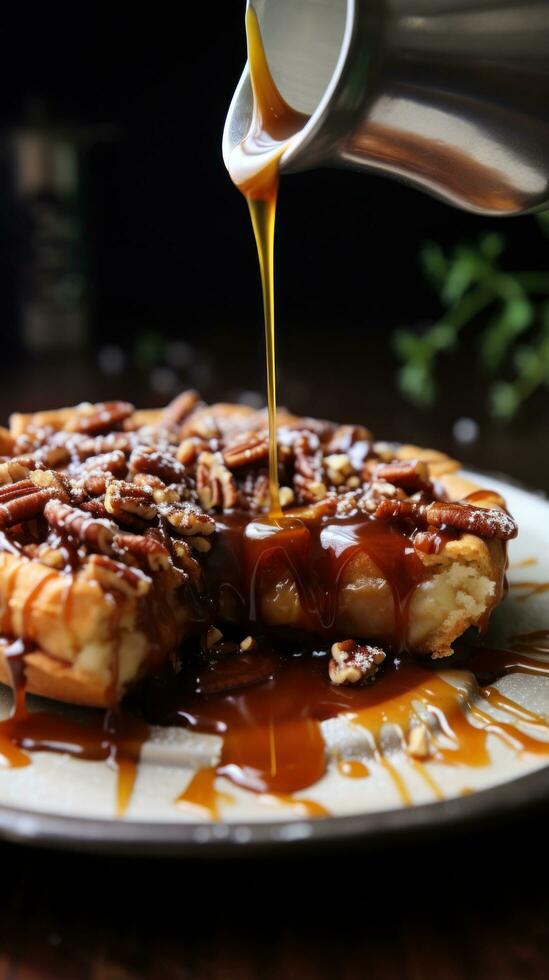 pacana tarta con caramelo llovizna, un dulce y de nuez deleite foto