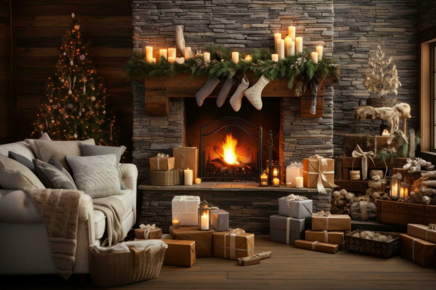 Cozy living room with Christmas tree, stockings, and fire crackling