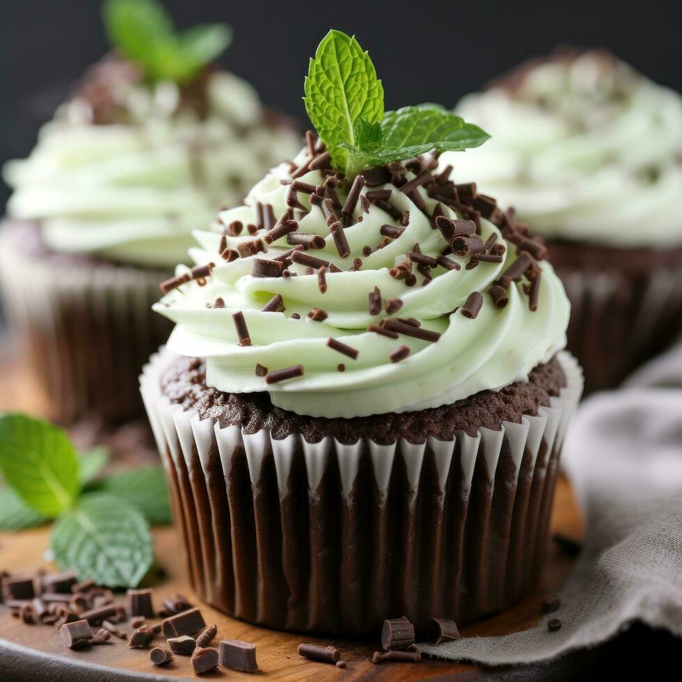 Mint chocolate chip cupcakes with mint frosting and chocolate shavings photo