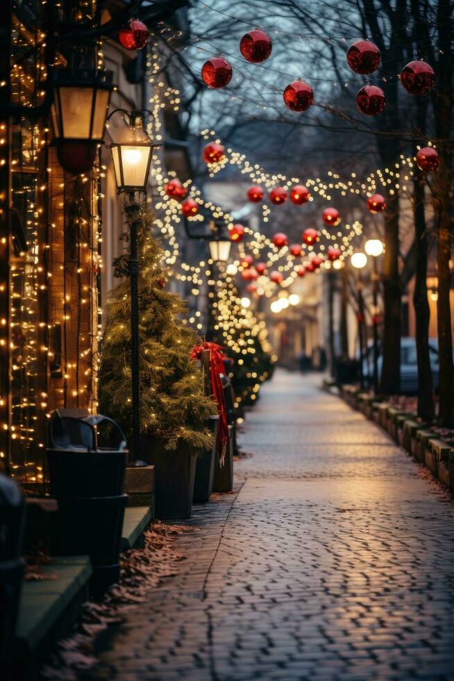 Colorful Christmas lights and decorations on a city street photo