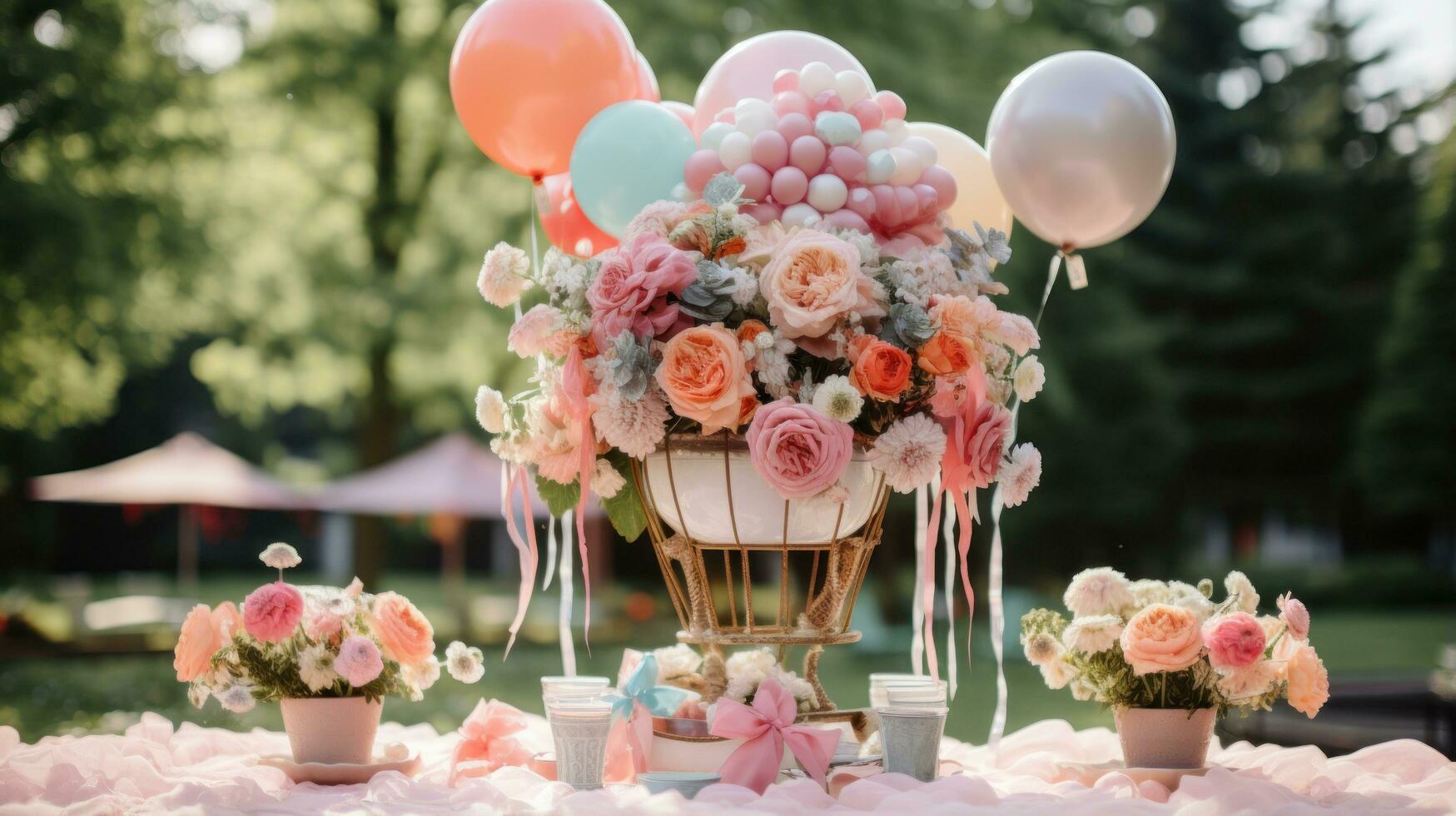 Whimsical hot air balloon centerpiece with flowers and ribbons photo