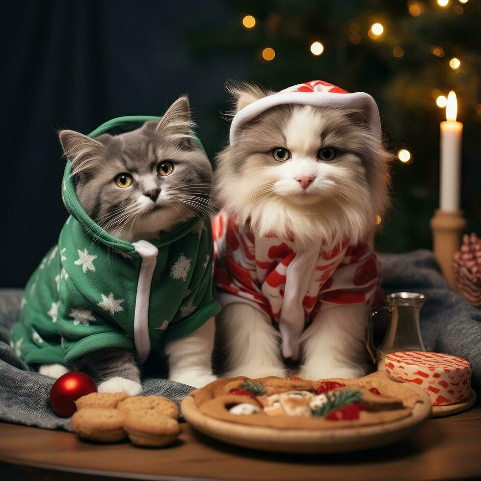 Adorable pets in festive outfits with Christmas presents photo