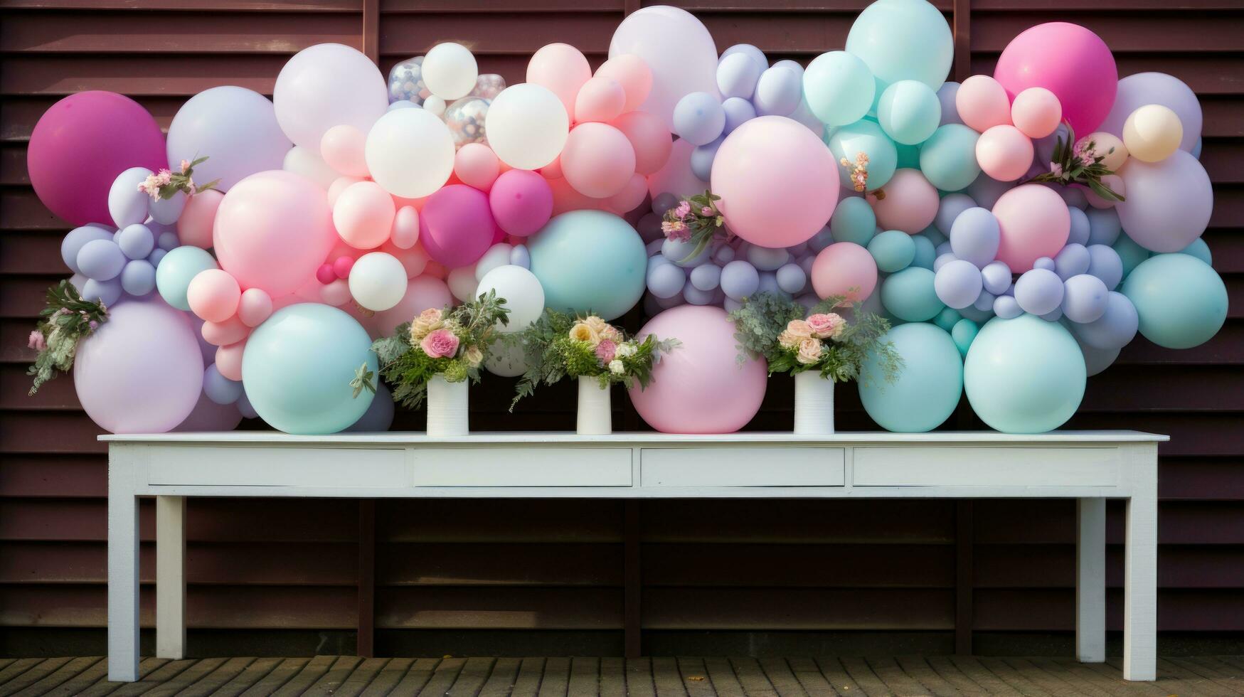 Pastel balloon garland with flowers and greenery photo