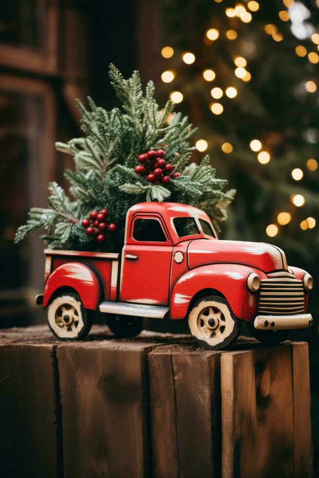 Rustic wooden sign with Merry Christmas and red truck illustration photo