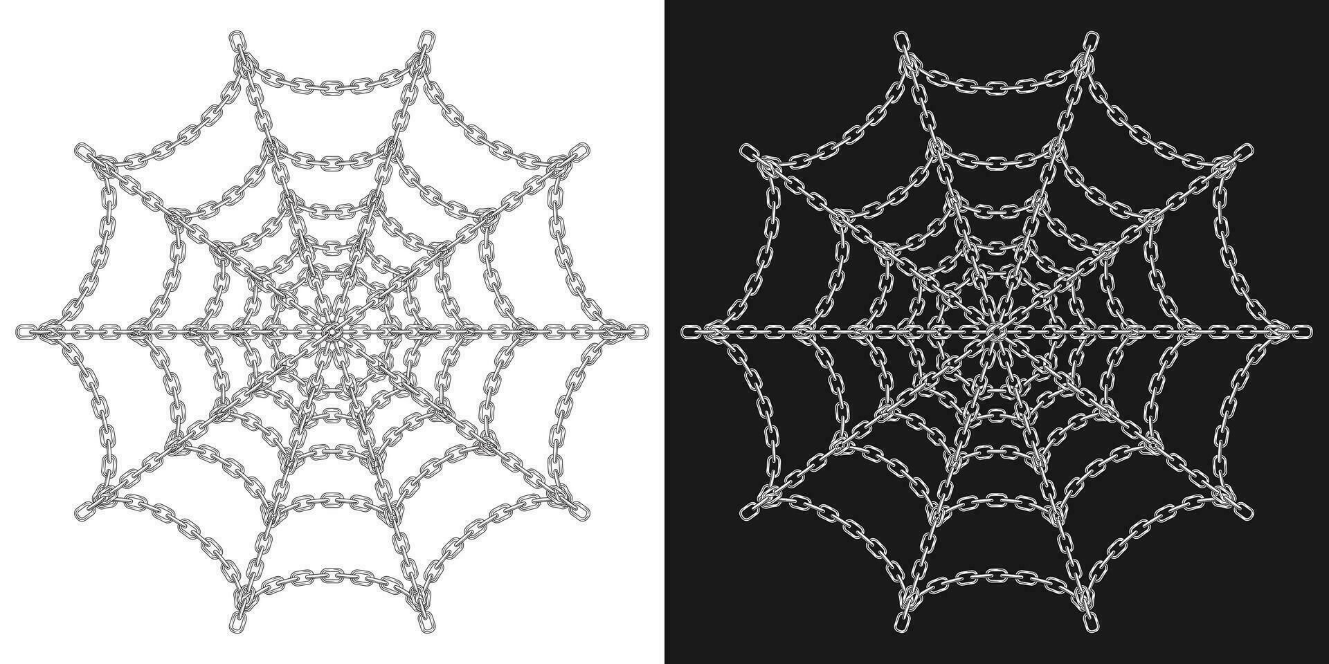 Spider web of steel chain isolated on a dark and white background vector