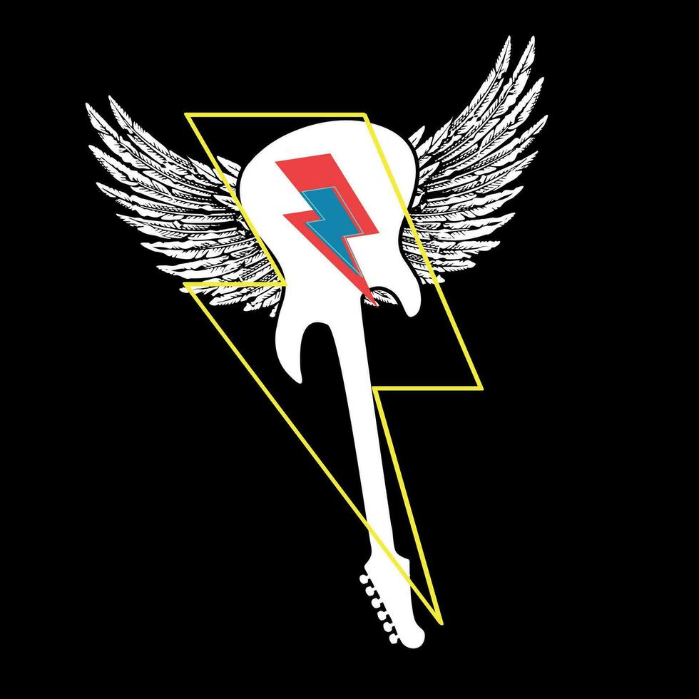 Winged guitar t-shirt design with thunderbolt symbol isolated on black. Glam rock poster. vector