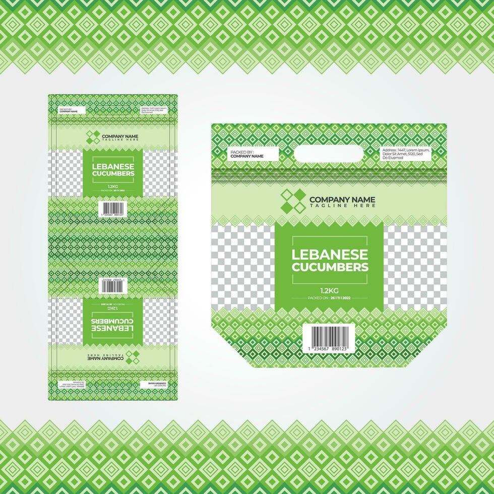 Template design for plastic packaging of lebanese cucumber vegetable product and label. vector