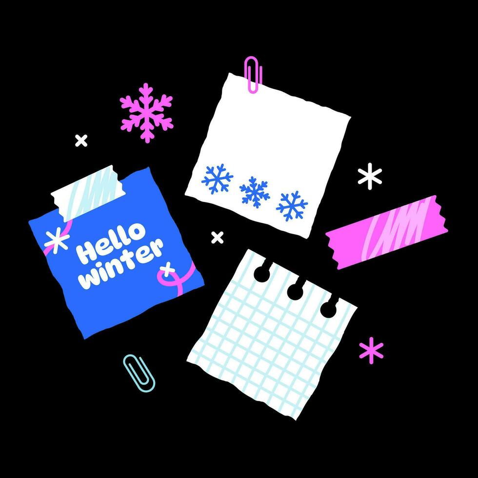 Various paper notes on stickers. Information board with blank paper stickers for reminders, to-do list, planner, schedule. Hello winter. New Year card. vector