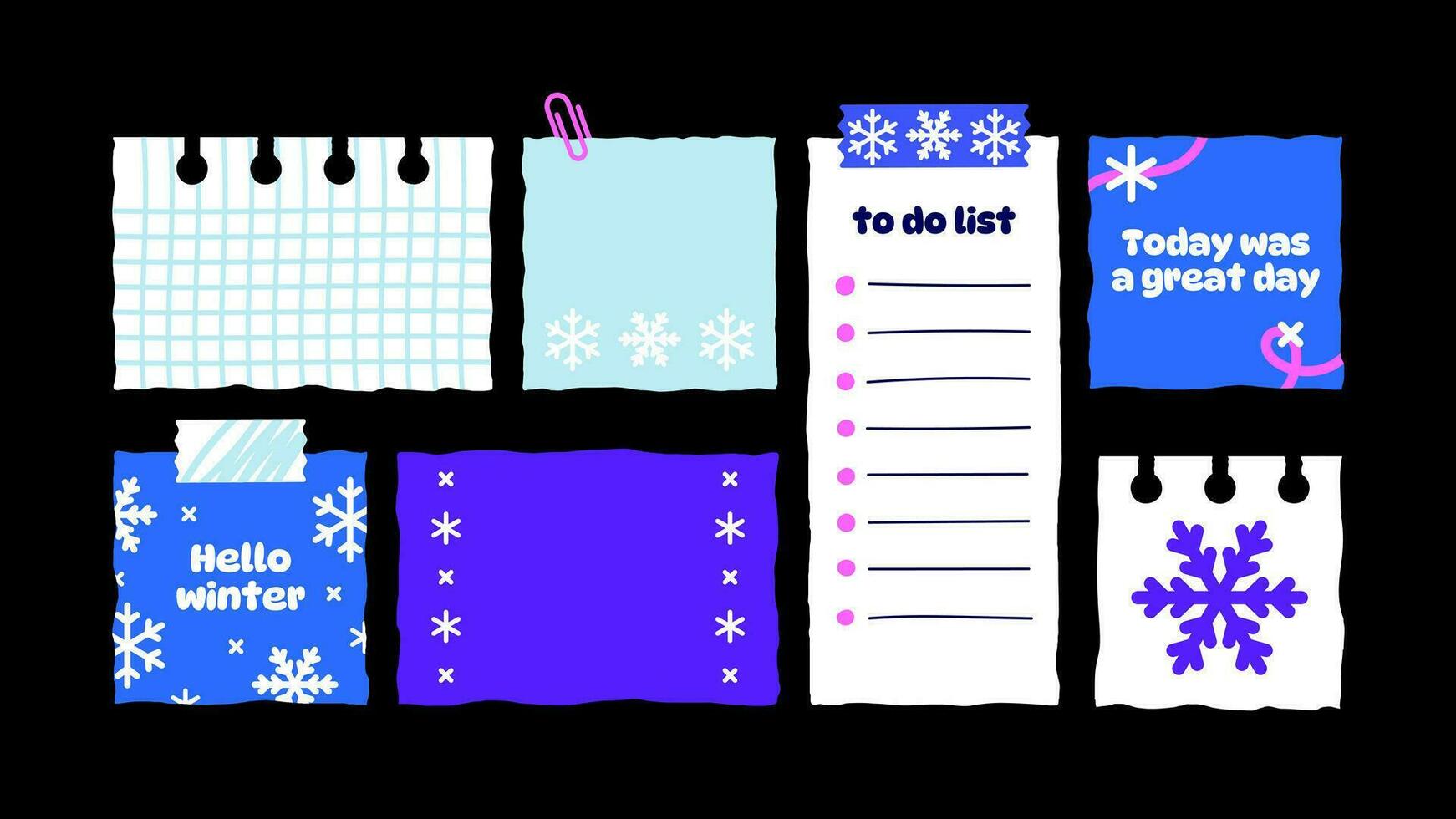 varios papel notas en pegatinas información tablero con blanco papel pegatinas para recordatorios, que hacer lista, planificador, cronograma. Hola invierno. vector
