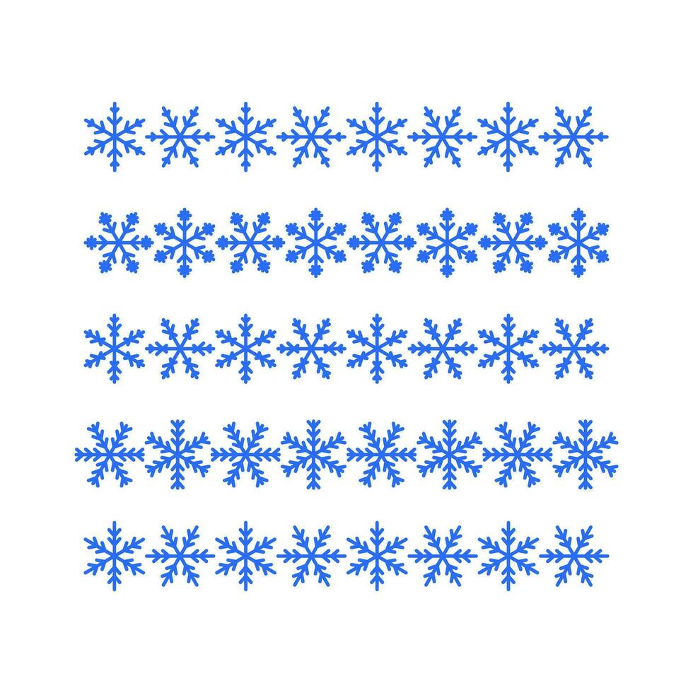 Set, collection of seamless snowflake borders, Christmas design for greeting card. Vector illustration, Merry Christmas header or banner made of snowflakes, wallpaper or background decor