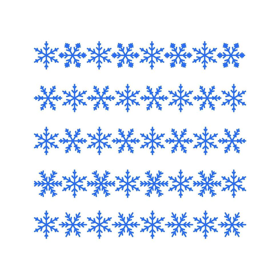 Set, collection of seamless snowflake borders, Christmas design for greeting card. Vector illustration, Merry Christmas header or banner made of snowflakes, wallpaper or background decor