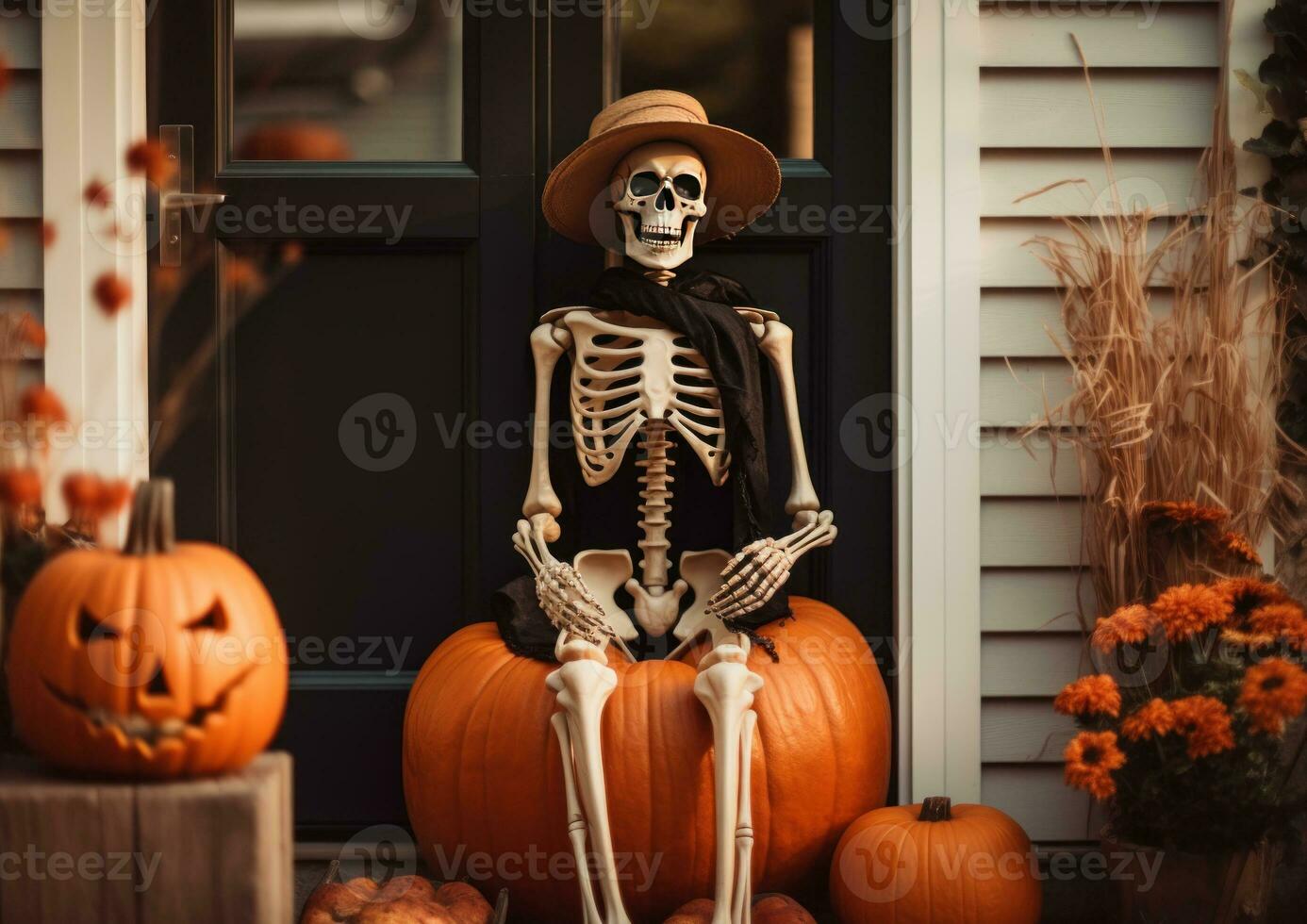 Skeleton sitting on the front door and decorations halloween pumpkins outside a house AI Generated photo