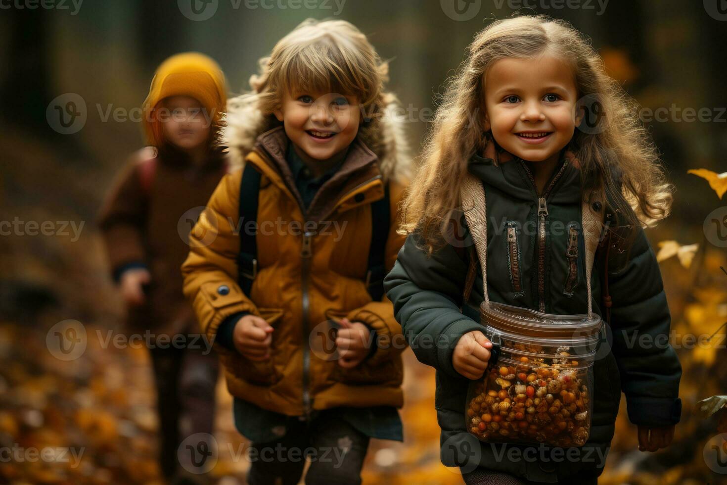 niños con caramelo Cubeta en otoño bosque ai generado foto