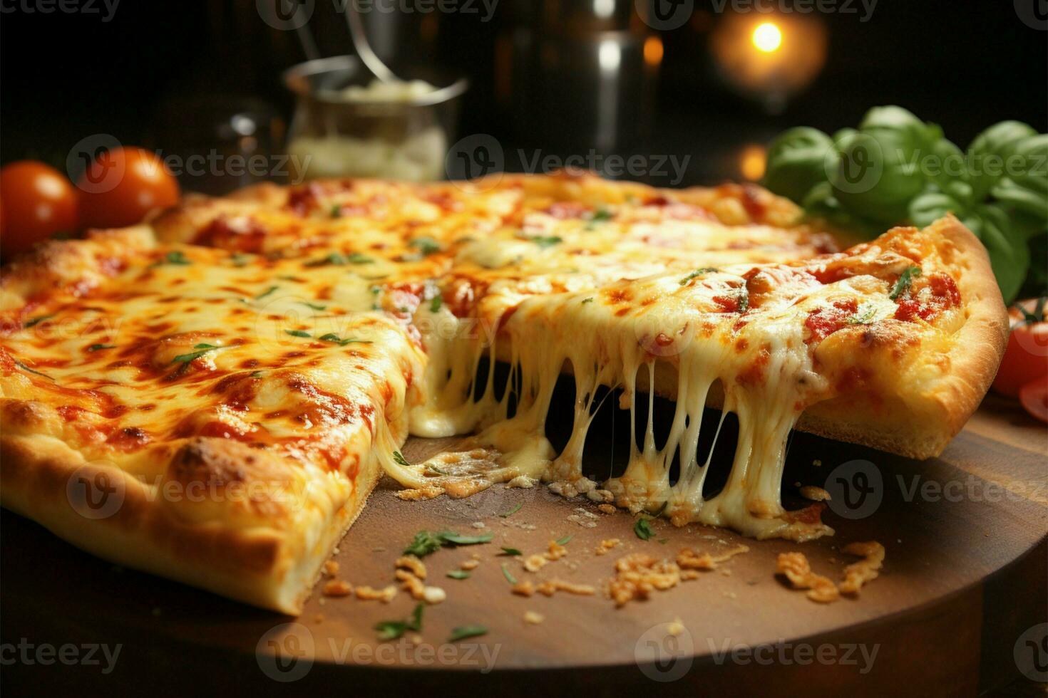 Deliciously cheesy Italian pizza slice, with four cheeses and basil AI Generated photo