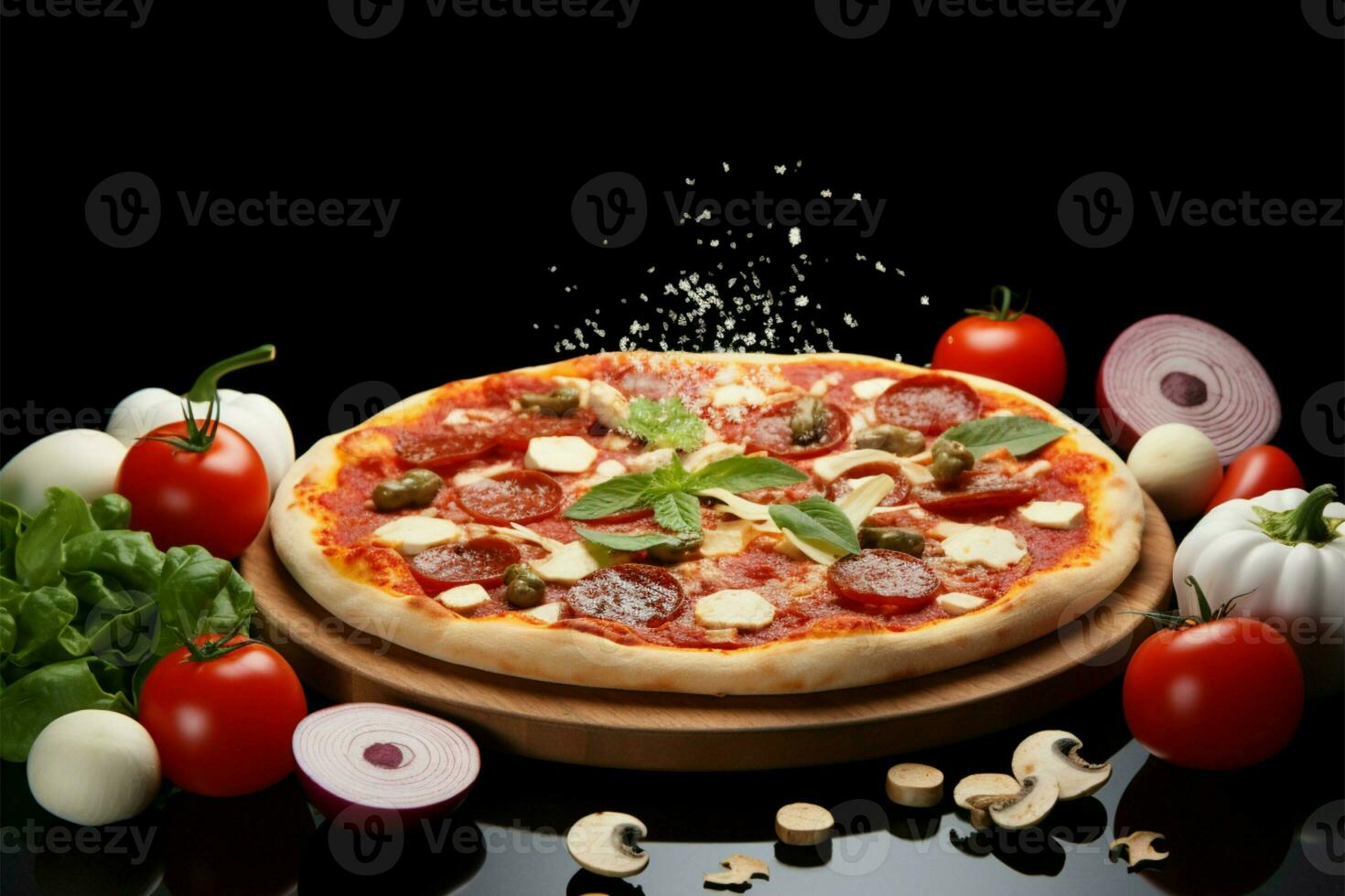 Ingredients for a delicious pizza, isolated on white AI Generated photo