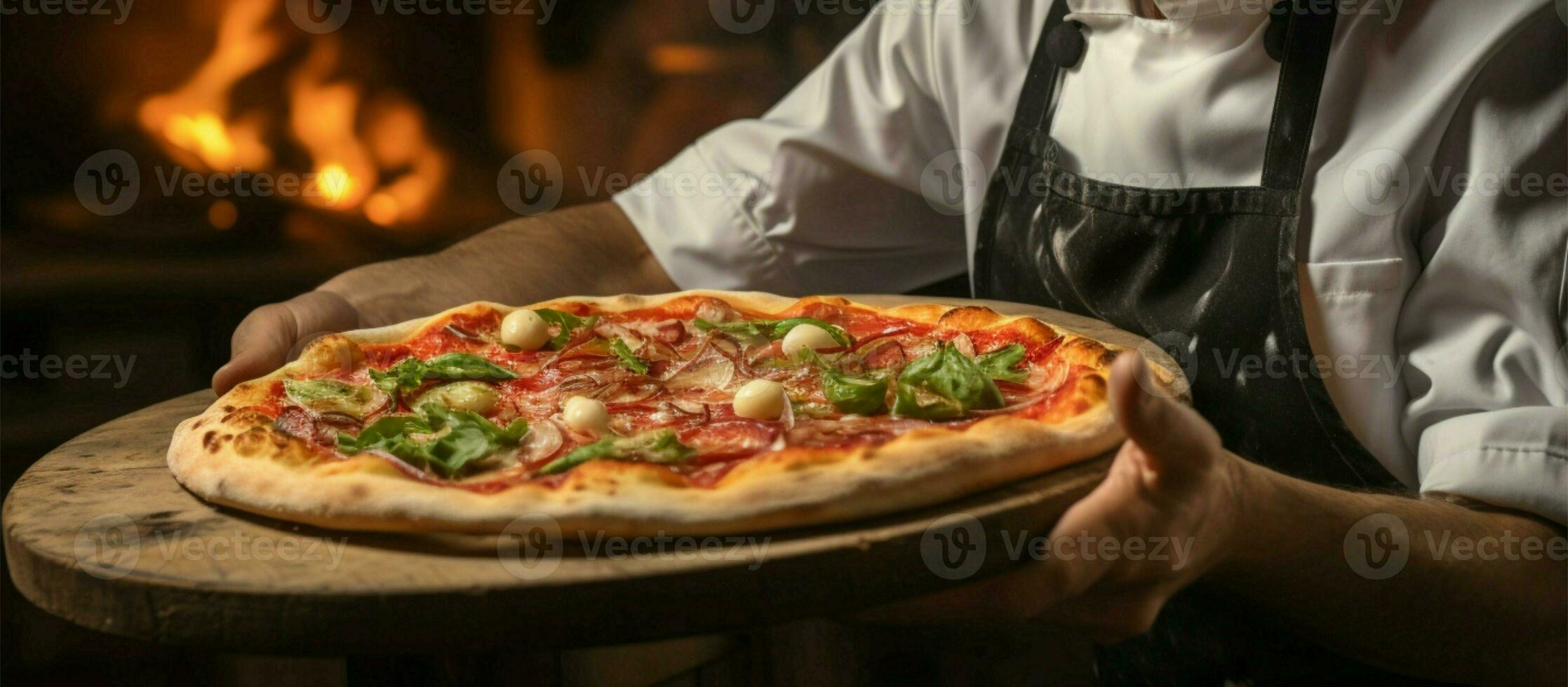 Pizza cocinero, hotel restaurantes Pizza ofrecimiento ai generado foto