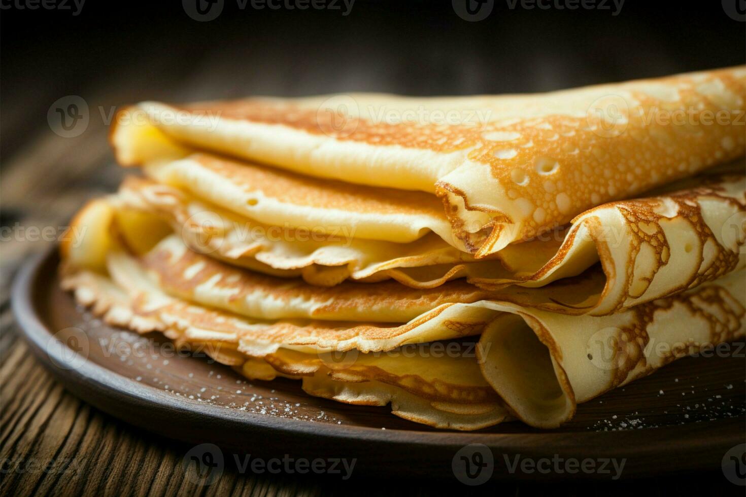 Savor the detail close up of delicate thin pancakes on wood AI Generated photo