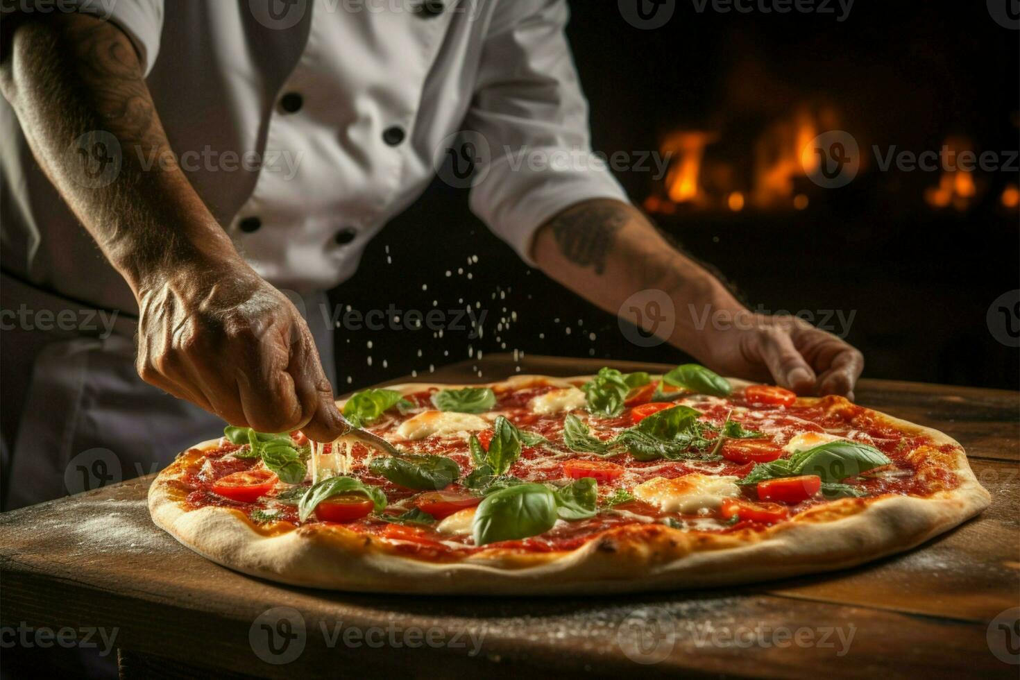 saborear el culinario pericia de nuestra cocinero en cada hotel restaurante Pizza ai generado foto