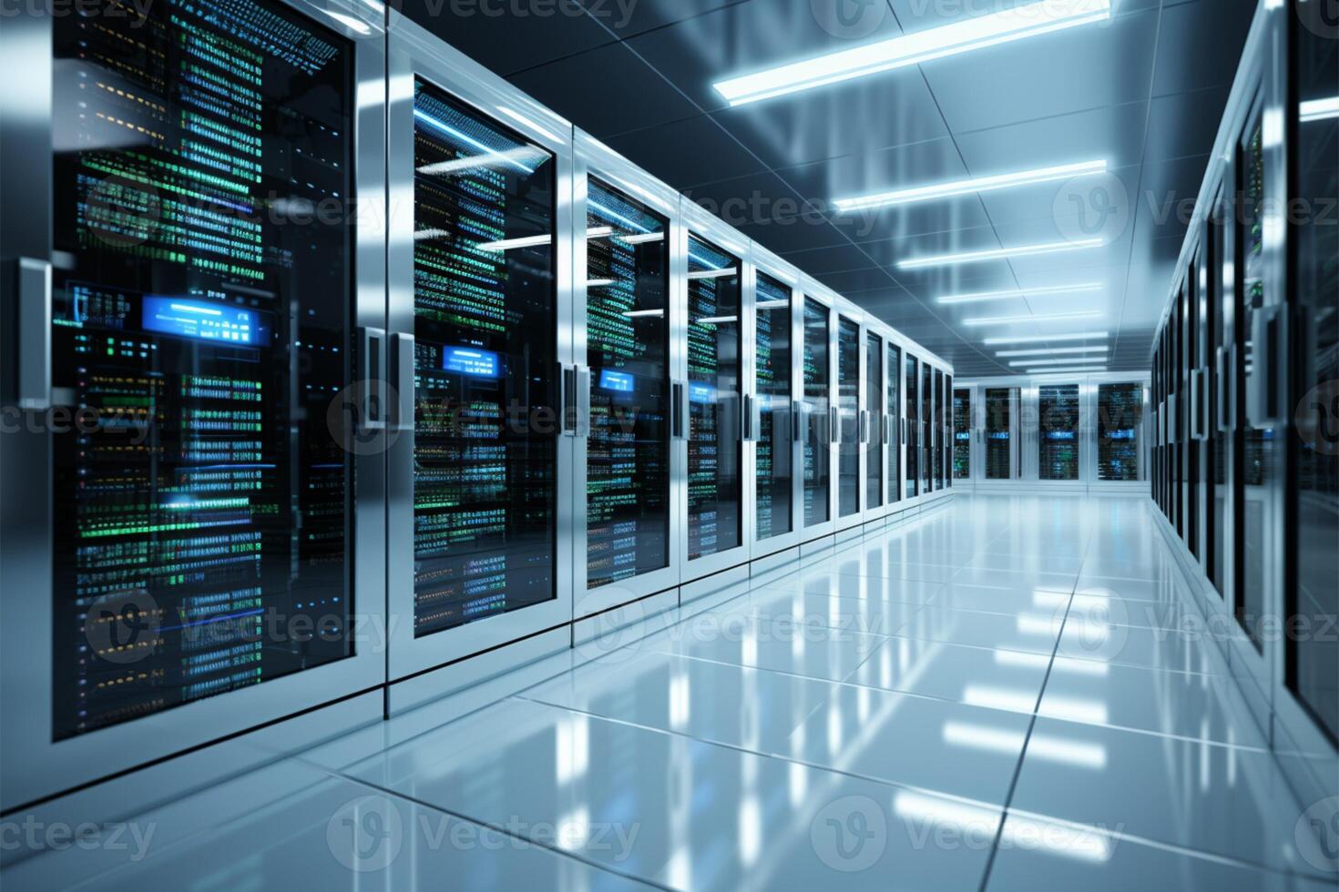 Computer storage systems in a white server room, 3D rendering AI Generated 30313693 Stock Photo