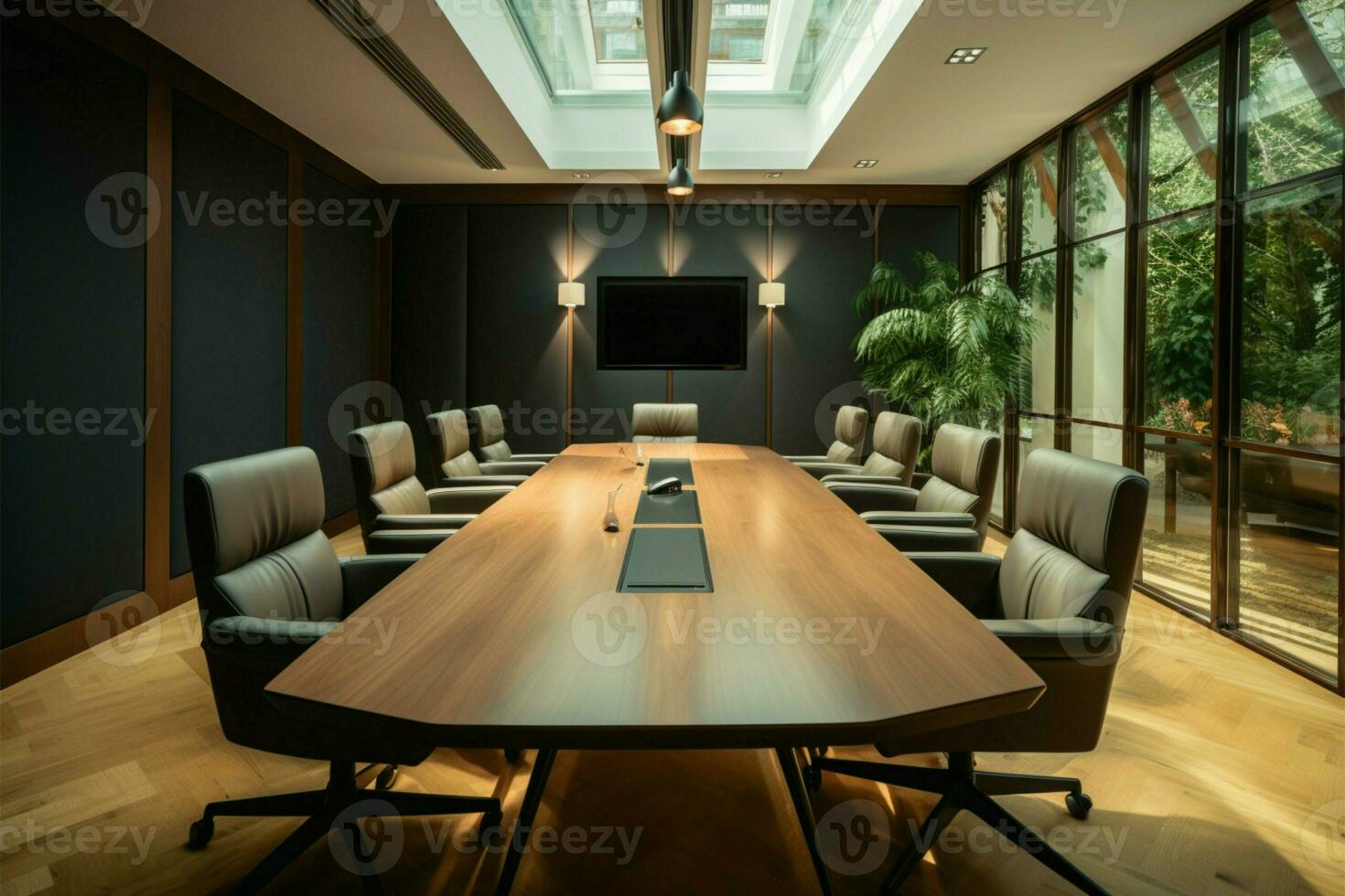 refinado sala del consejo preparar rectangular negro mesa, confortable marrón tapizado sillas ai generado foto