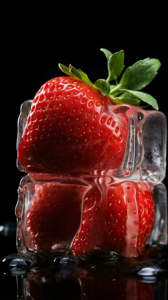 strawberry frozen in ice cube AI Generated photo