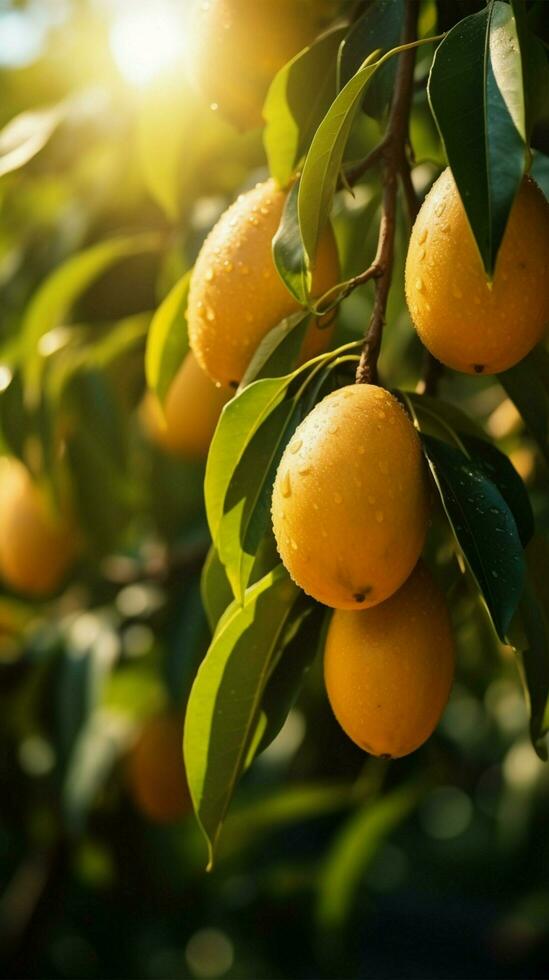 tropical maduro amarillo mango Fruta colgando en árbol rama con hermosa granja y luz de sol ai generado foto