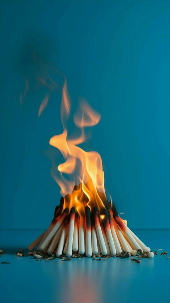 Burning and whole matches on blue background Stop destruction concept AI Generated photo