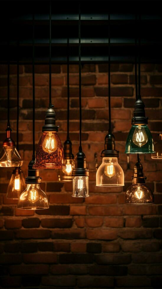 Many pendant lamps against red brick wall AI Generated photo