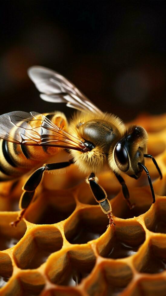 miel abeja en colmena células con Copiar espacio ai generado foto