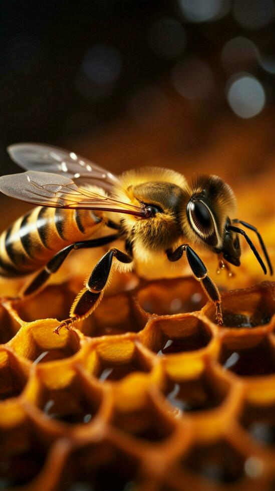 miel abeja en colmena células con Copiar espacio ai generado foto